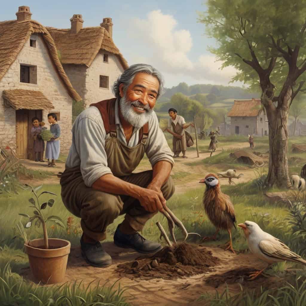 The Talking Tree and the Greedy Woodcutter | Moral Stories 4 The woodcutter back in the village, smiling kindly as he helps a child plant a tree, with birds and villagers in the background.