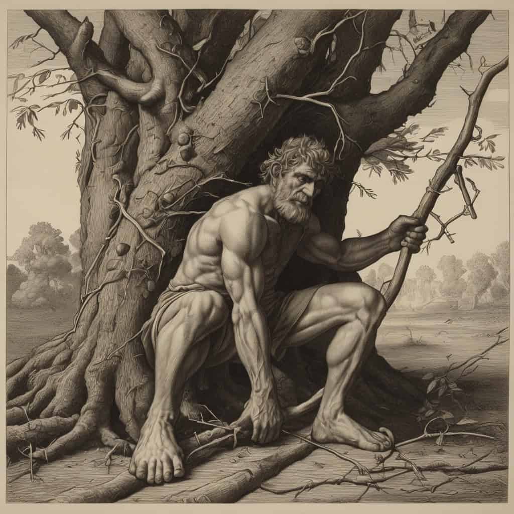 The Talking Tree and the Greedy Woodcutter | Moral Stories 3 The woodcutter greedily breaking a second branch while the tree’s expression turns sad and vines begin to wrap around his legs.