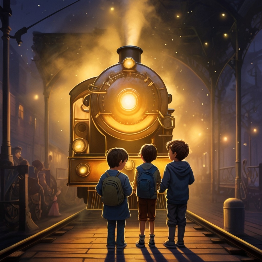 Max and Mia’s Train Ride Through Time | Travel Stories 1 Two kids holding golden tickets while a glowing, magical train pulls into a foggy midnight station.