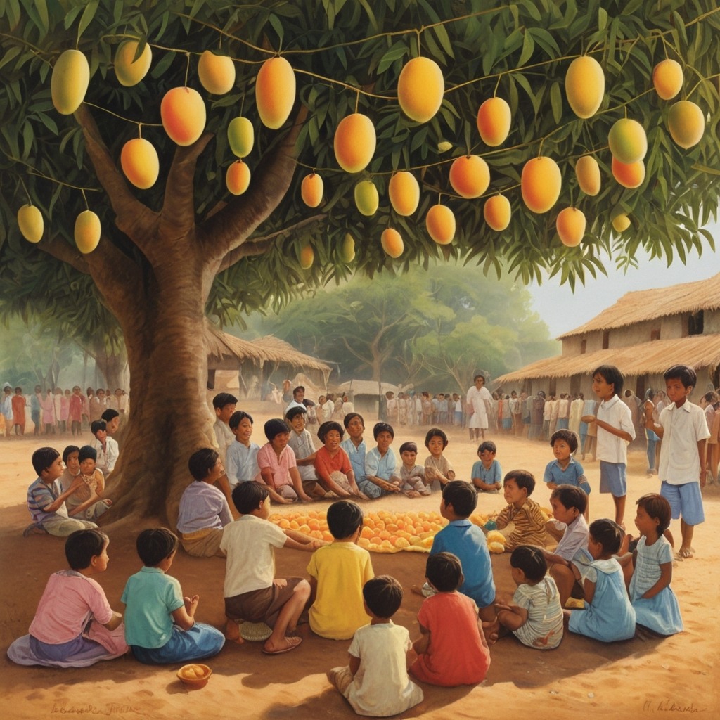 The Secret of Grandpa Hari’s Mango Tree | Village Stories 4 Village festival under the tree with children and adults enjoying mango treats, a hanging banner saying “Sweetness Grows When Shared.”