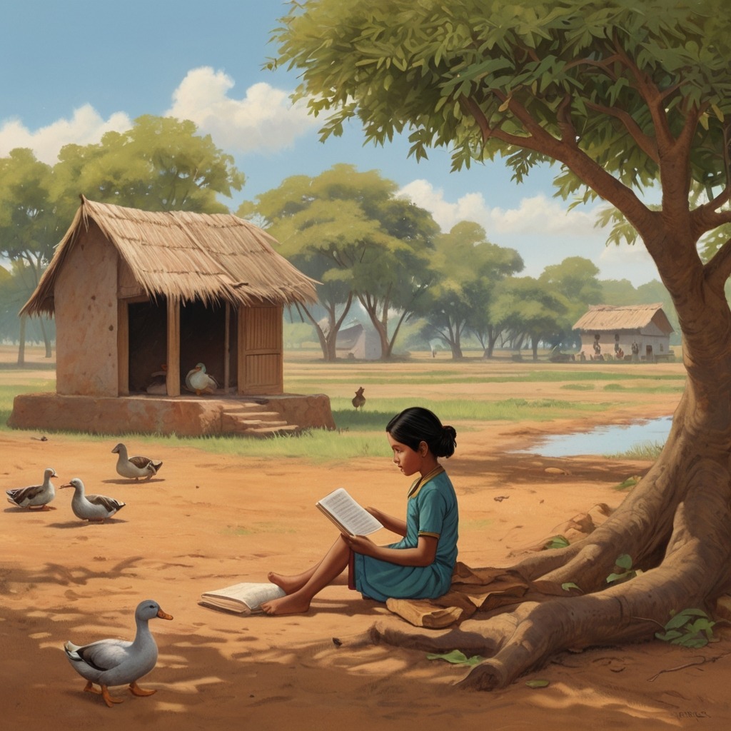 Tara and the Talking Tree of Tamarind Village | Village Stories 1 A barefoot village girl sitting under a large tamarind tree, reading a book with ducks nearby and fields in the background.