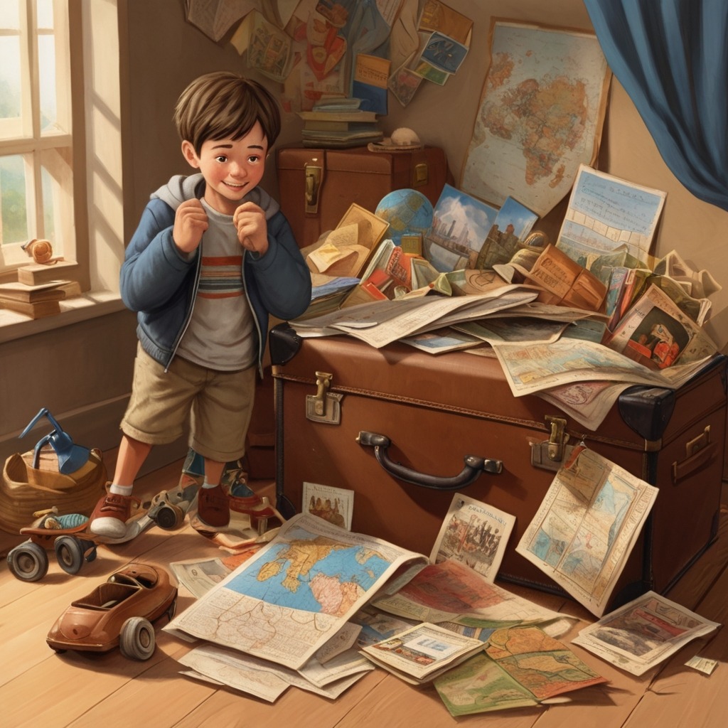 Leo’s Lost Luggage: An Airport Adventure | Travel Stories 3 A bedroom scene where a boy opens a brown suitcase filled with international souvenirs and letters from around the world.