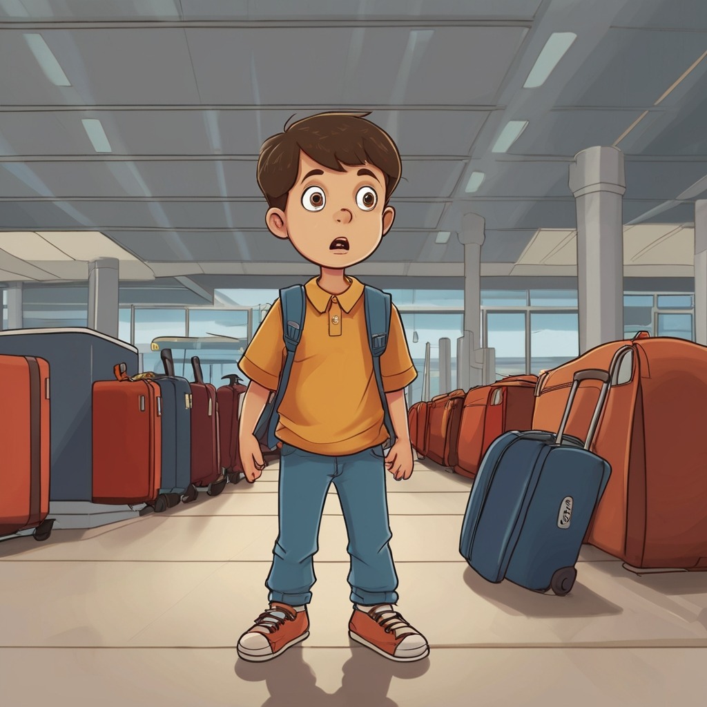 Leo’s Lost Luggage: An Airport Adventure | Travel Stories 1 A boy at an airport looking shocked as he stares at the empty baggage carousel with a missing suitcase.