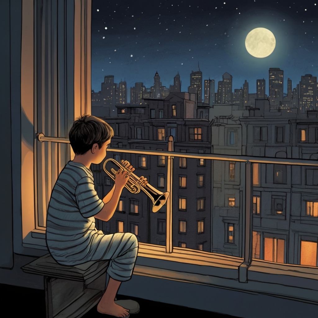 Milo and the Midnight City Parade | City Stories 1 A boy in pajamas looking out his high-rise apartment window at midnight as a floating trumpet plays on the quiet city street below.