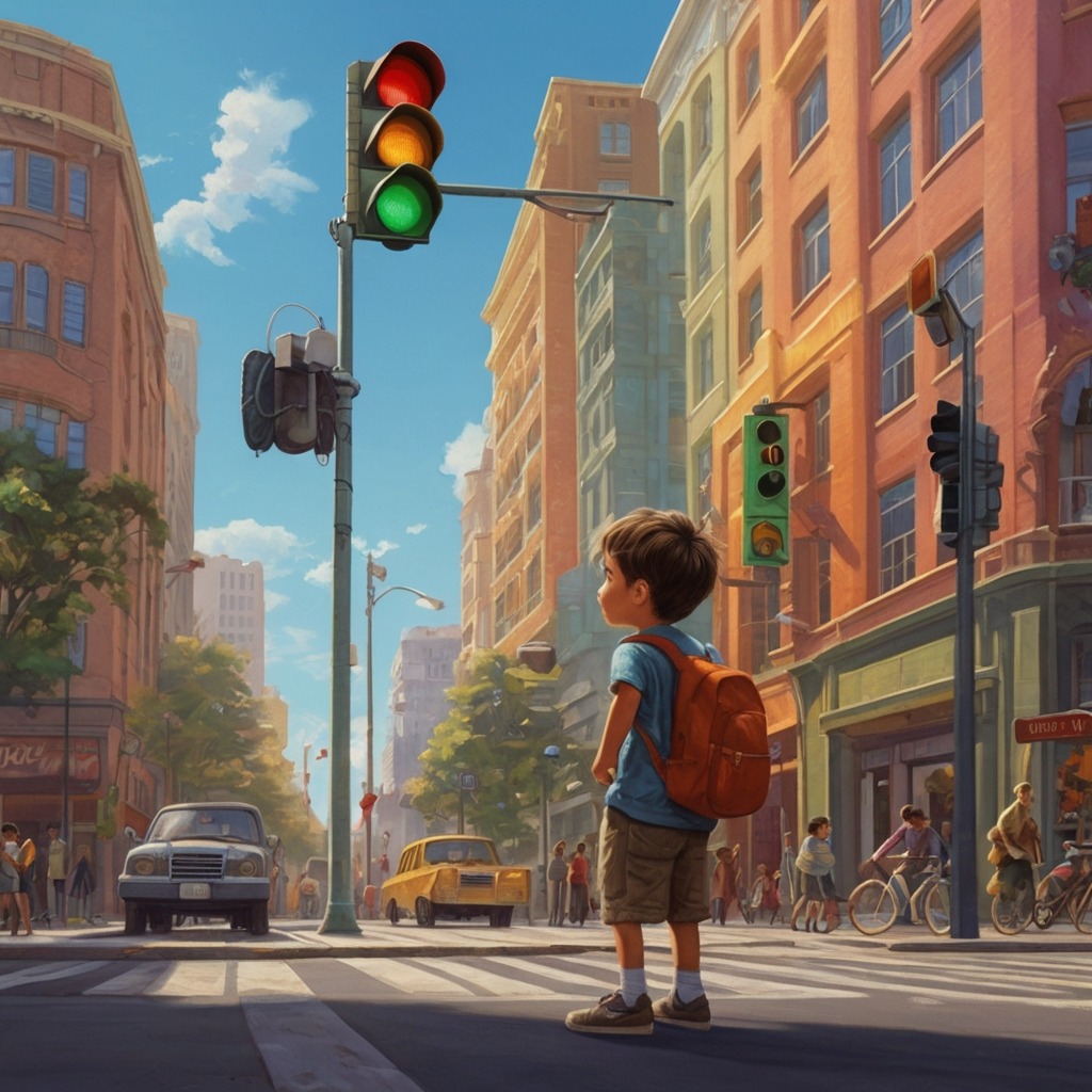 The Talking Traffic Light of Tinsel Town | City Stories 1 A busy city intersection with colorful buildings and a young boy looking up at a traffic light with surprise.