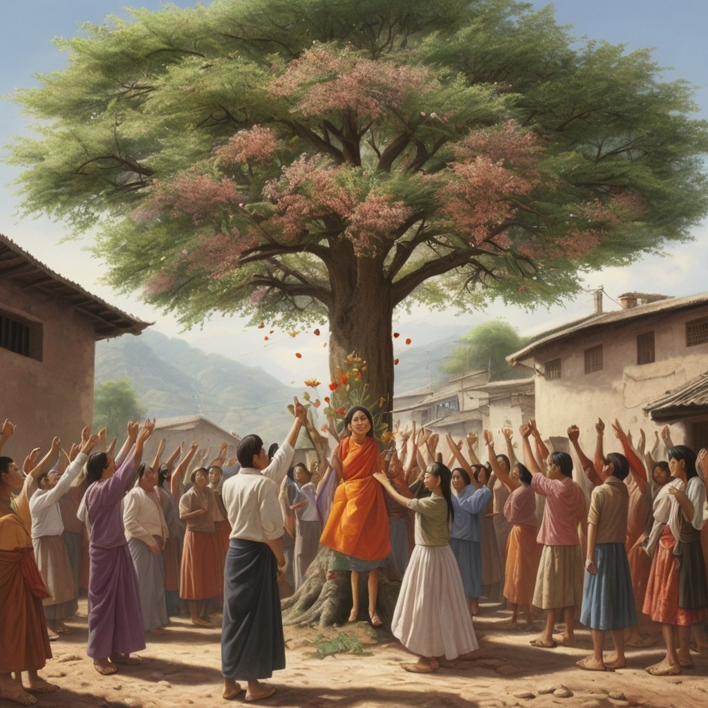 Tara and the Talking Mango Tree | Village Stories 3 A celebration in the village with plants blooming, the tree standing tall, and Tara being lifted by cheering villagers.
