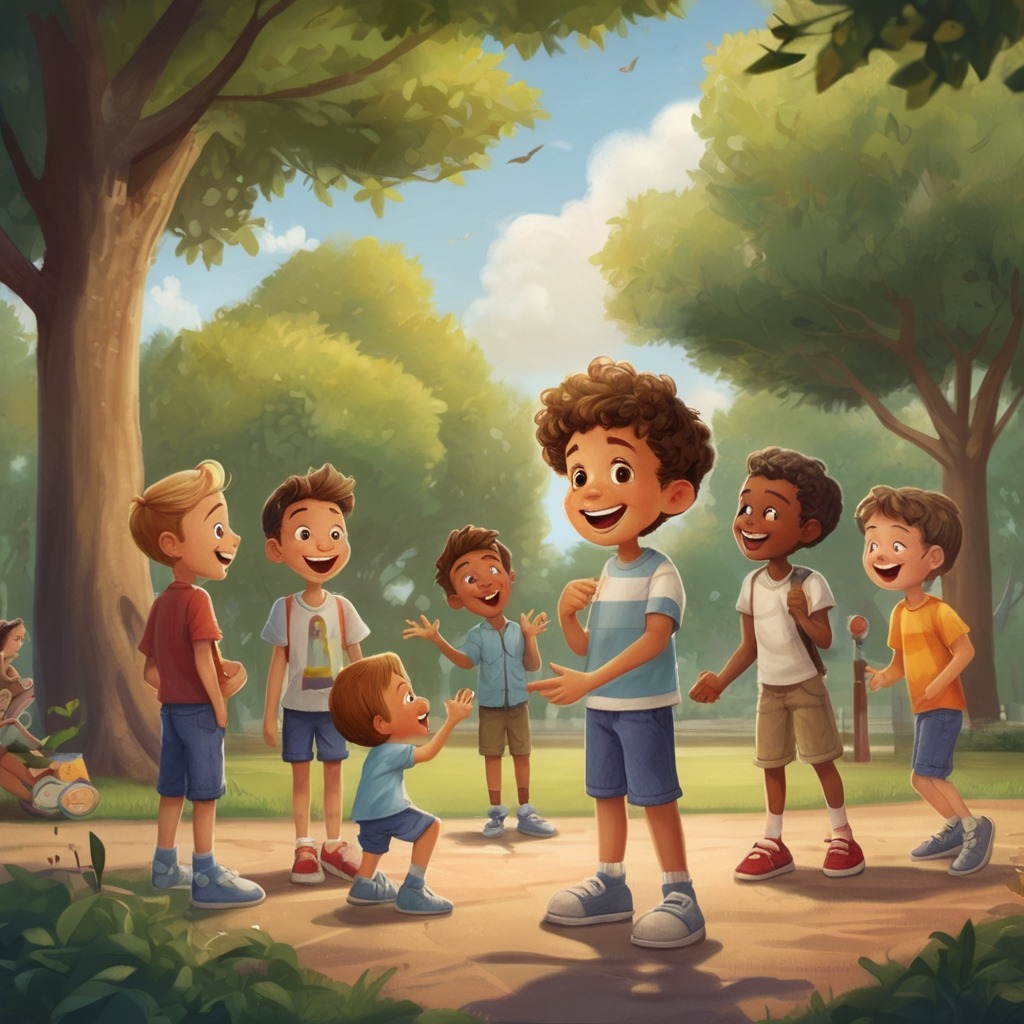 The Boy Who Traded His Words | Moral Stories 1 A cheerful boy talking to friends in a lively park surrounded by trees and kids playing.