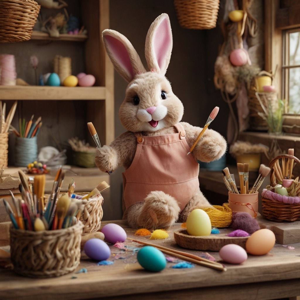 Benny the Bunny and the Great Easter Balloon Chase | Easter Stories 1 A cheerful bunny with paintbrushes, decorating colorful Easter eggs in a cozy woodland workshop filled with baskets and ribbons.