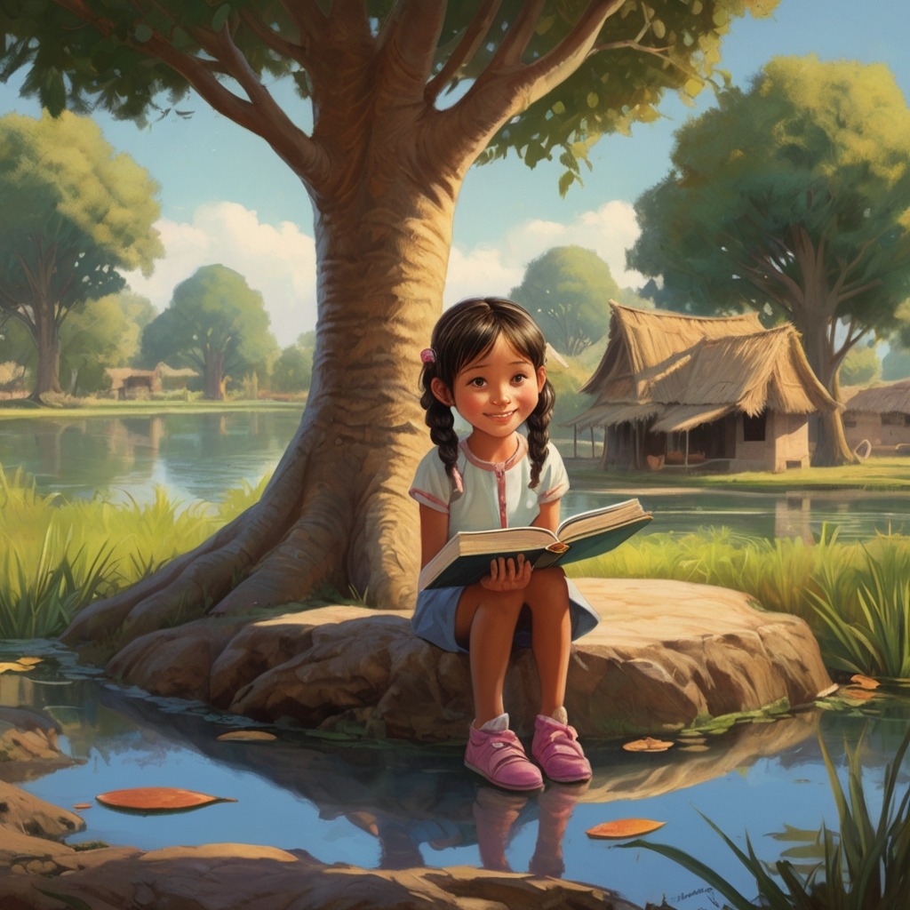 Tara and the Talking Tree of Pipalpur | village stories 1 A cheerful little girl with pigtails sitting under a huge pipal tree beside a quiet village pond, holding a colorful book.