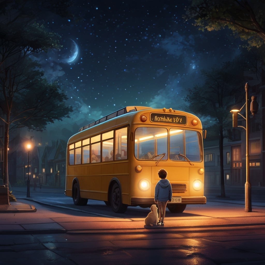 Max and the Midnight Bus | City Stories 1 A city bus stop at night with a glowing, magical bus (#99M) arriving, with Max standing in awe.