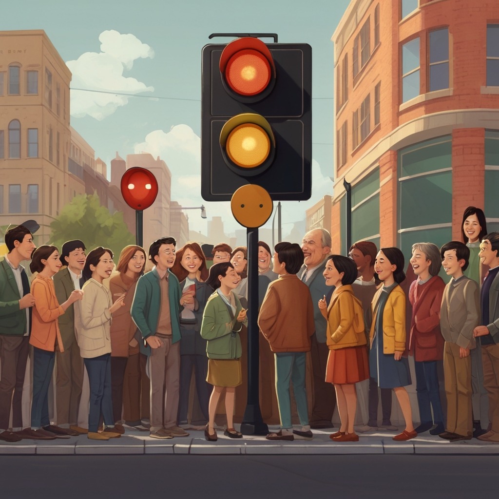 The Talking Traffic Light of Tinsel Town | City Stories 2 A crowd of curious city people gathered around the talking traffic light, laughing and listening.
