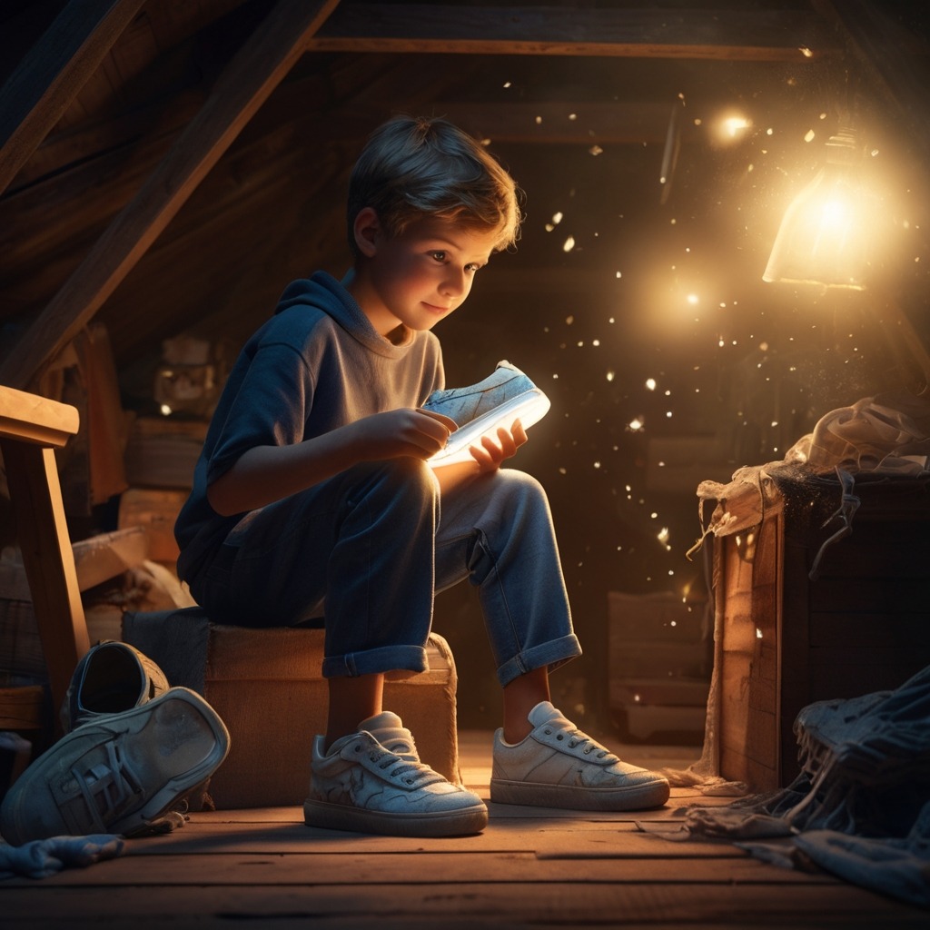 The Talking Shoes and the Path of Honesty | Moral Stories 1 A curious boy holding glowing old sneakers in an attic, dust and magical sparkles around.