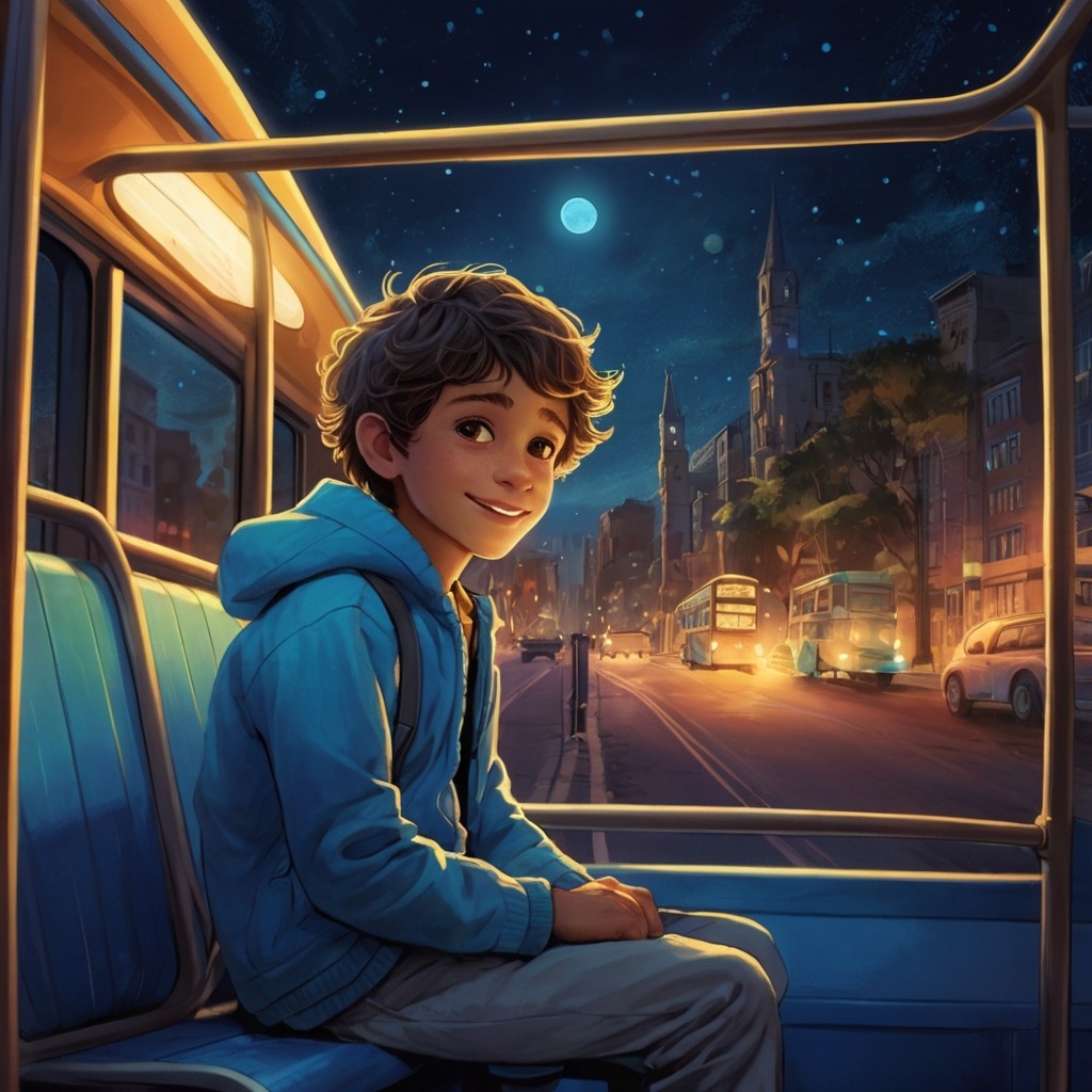 Max and the Midnight Bus Ride | city stories 1 A curious boy sitting alone on a glowing blue city bus at night, with a starry-vested driver smiling in front.