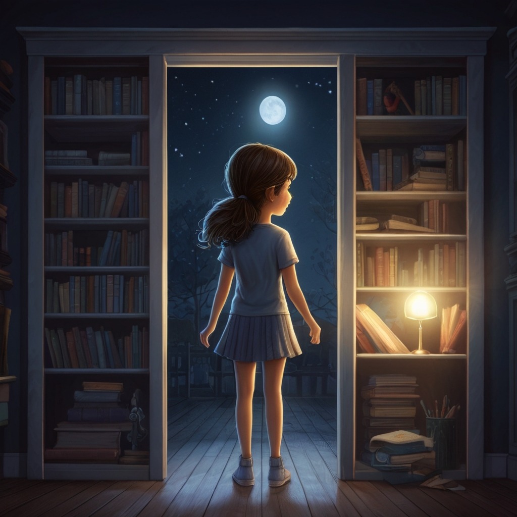 Luna and the Library of Dreams | Imagination Stories 1 A curious girl standing in her room at night, a glowing silver doorway of moonlight opening in the wall behind her bookshelf.