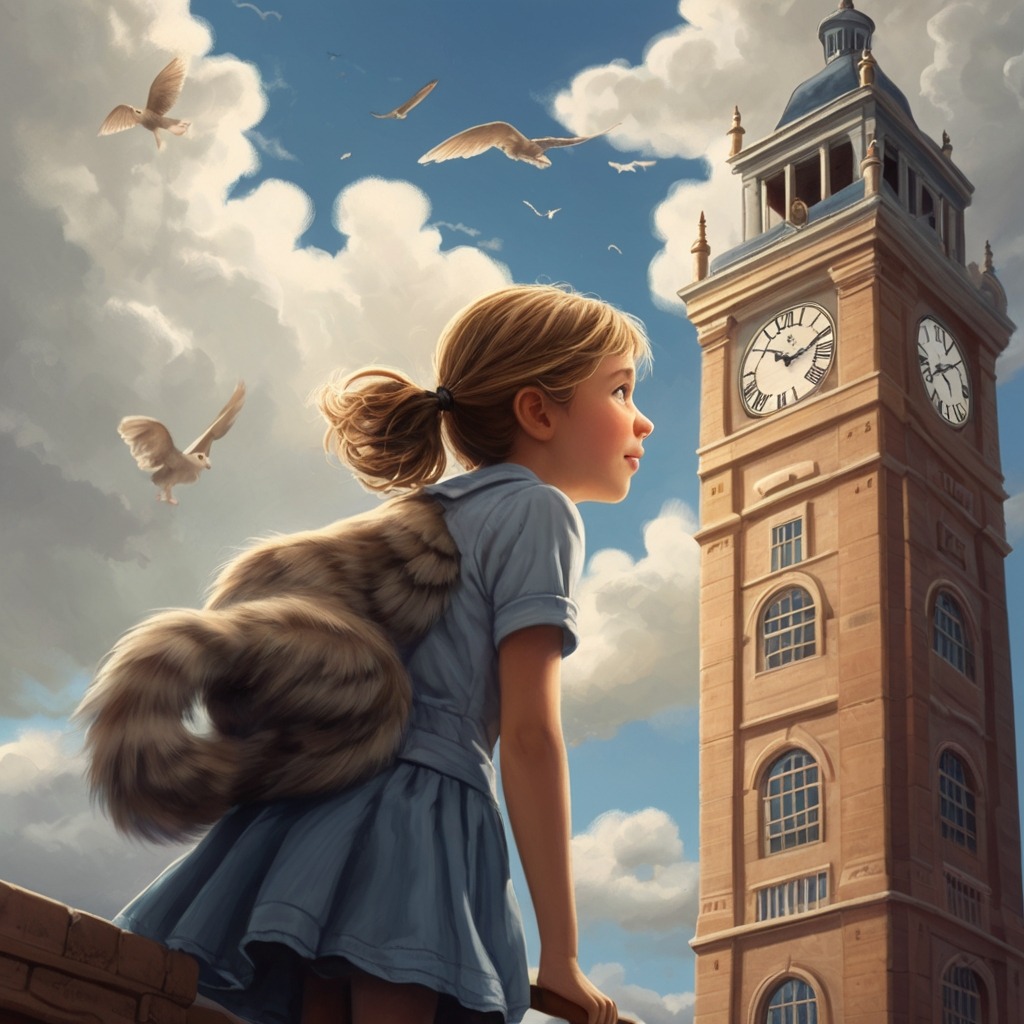 The Clock Tower That Counted Kindness | Village stories 2 A curious girl with a cat at her feet looking up at the clock tower as the wind swirls gently around her.