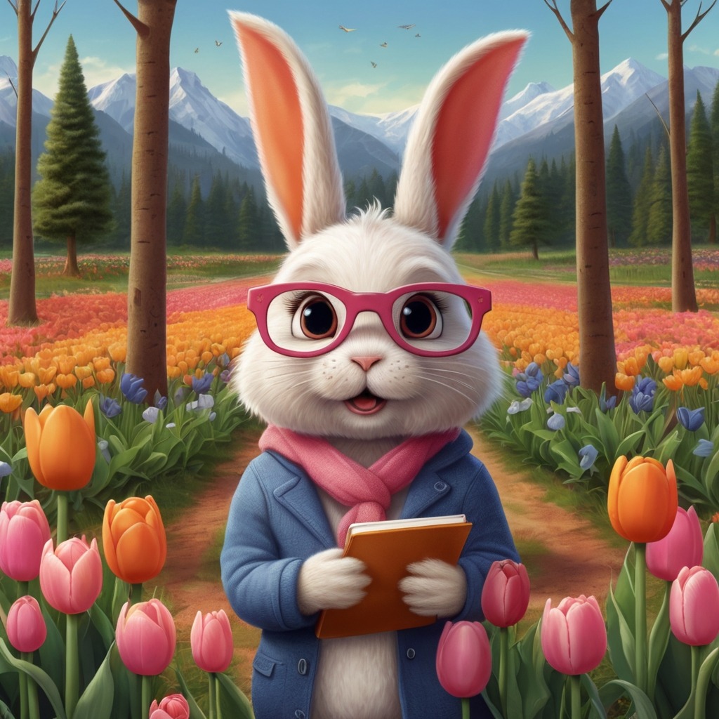 Ellie the Bunny and the Great Easter Garden Hunt | Easter Stories 1 A cute bunny with pink glasses and a carrot-shaped notebook standing in a field of colorful tulips with worried woodland animals.