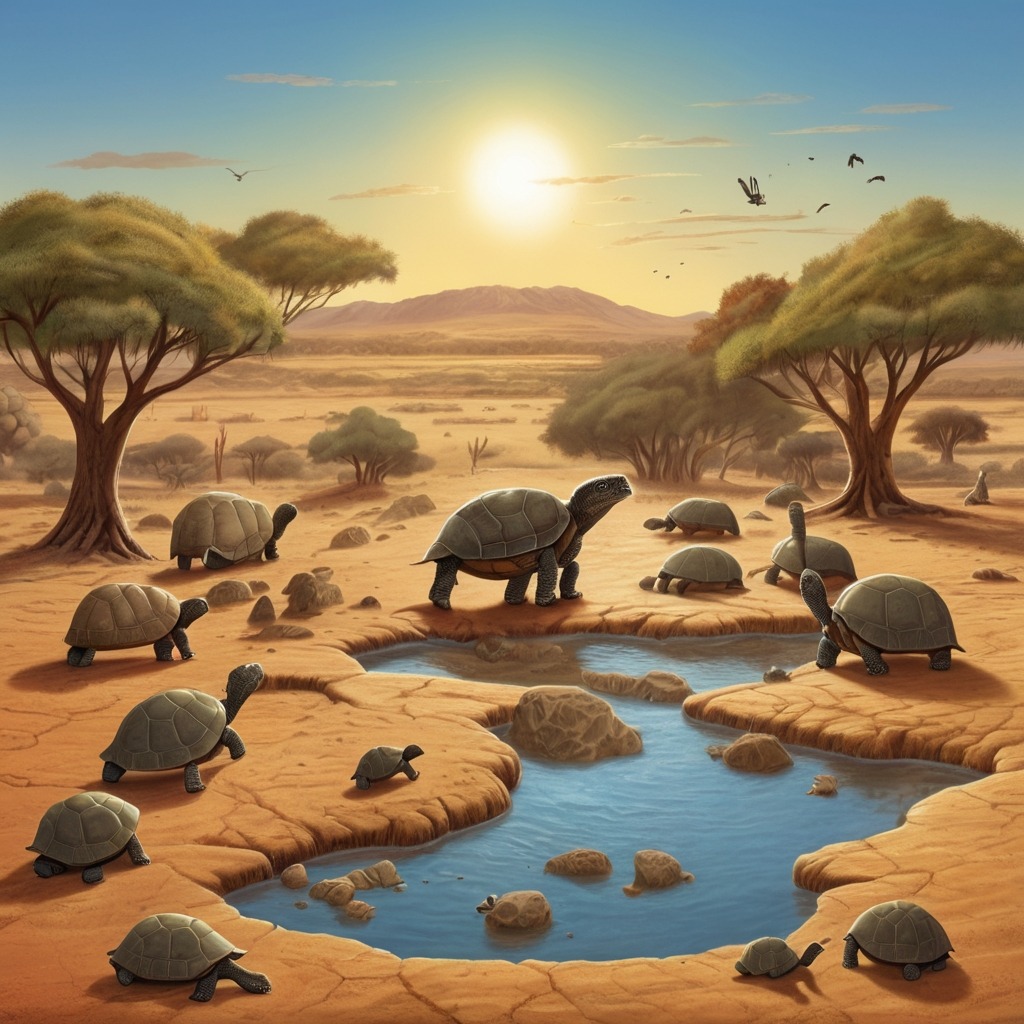 The Lion Who Learned to Listen | Moral Stories 2 A dried-up waterhole surrounded by worried animals, while a wise tortoise shares an ancient story with them.