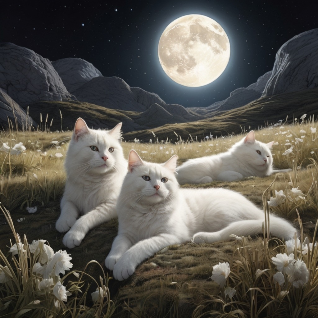 Luna and the Star Whales | Bedtime Stories 3 A field of glowing white cats with crescent-shaped tails lounging on silver grass on the moon.
