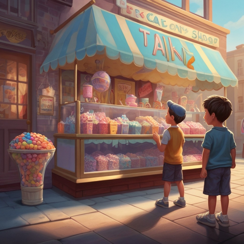 The Talking Shoes and the Path of Honesty | Moral Stories 3 A floating candy shop with a “Take One Only” sign, the boy hesitating with one candy in hand.