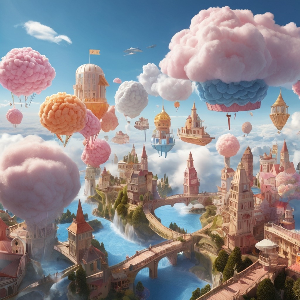Ellie and the Elevator to the Clouds | Imagination Stories 3 A floating city made of clouds with cotton candy trees, rainbow slides, and whimsical cloud animals in the sky.