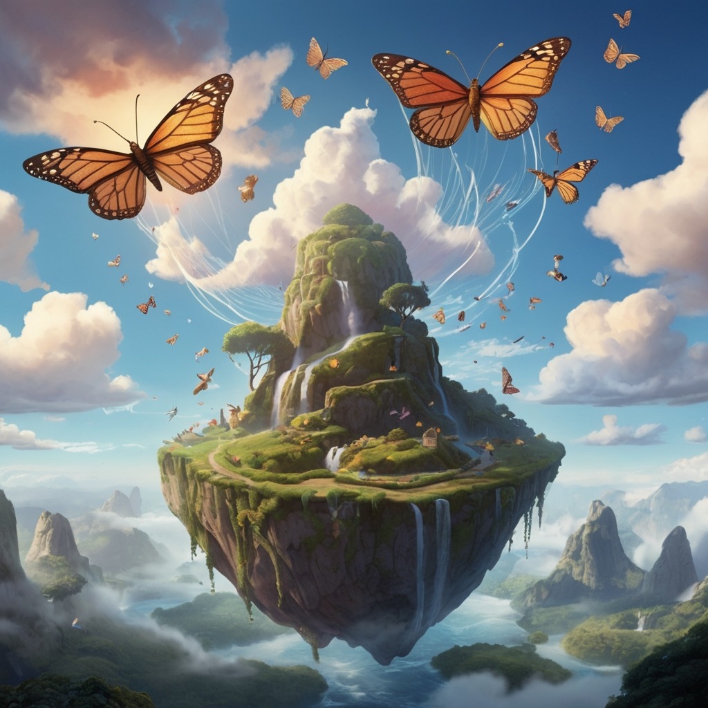 Liam’s Lost Map and the Floating Island | Travel Stories 3 A floating island in the sky with waterfalls, glowing butterflies, and cloud animals greeting Liam.