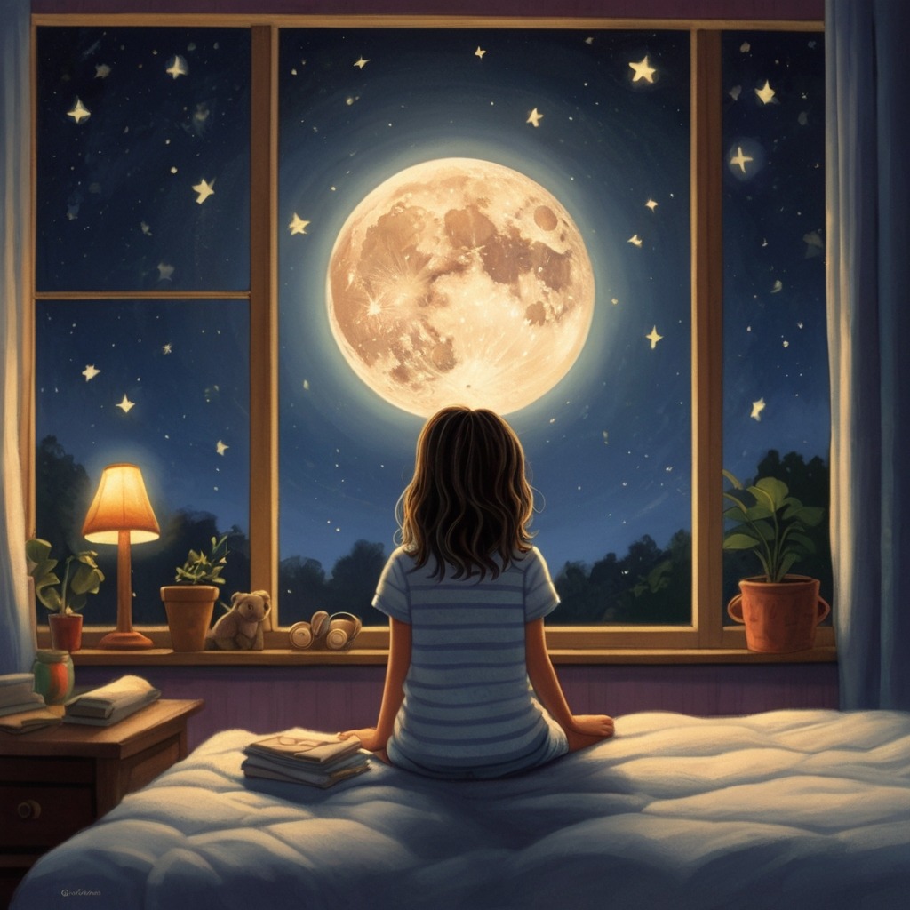 Luna and the Star Whales | Bedtime Stories 1 A girl named Luna in pajamas looking out of her bedroom window at a night sky with very few stars.
