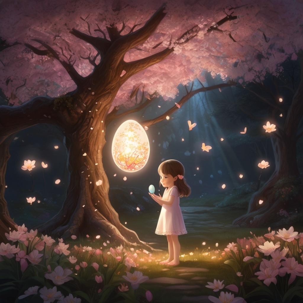 The Easter Egg That Hatched a Surprise | Easter Stories 4 A glowing garden behind a cherry blossom tree with floating Spring Sprites, flowers lit by soft magical light, and a final gift egg glowing in Lily’s hands.