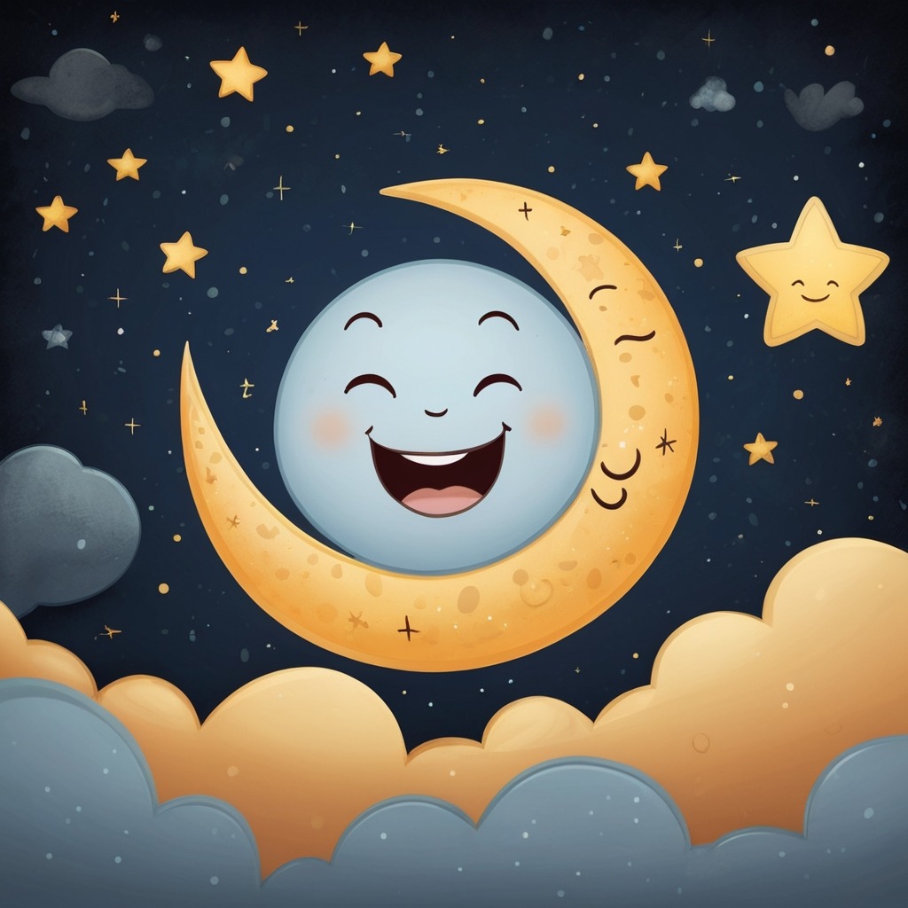 Stella and the Star That Couldn’t Sleep | Bedtime Stories 1 A glowing little star with a happy face floating in the night sky, surrounded by bigger sleepy stars and a big silver moon.