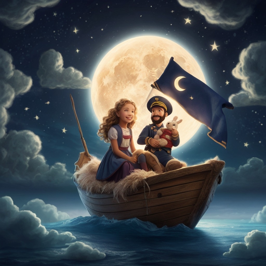 Luna and the Star Whales | Bedtime Stories 2 A glowing moonlight boat flying through the sky with a bearded captain and a girl holding her stuffed bunny.