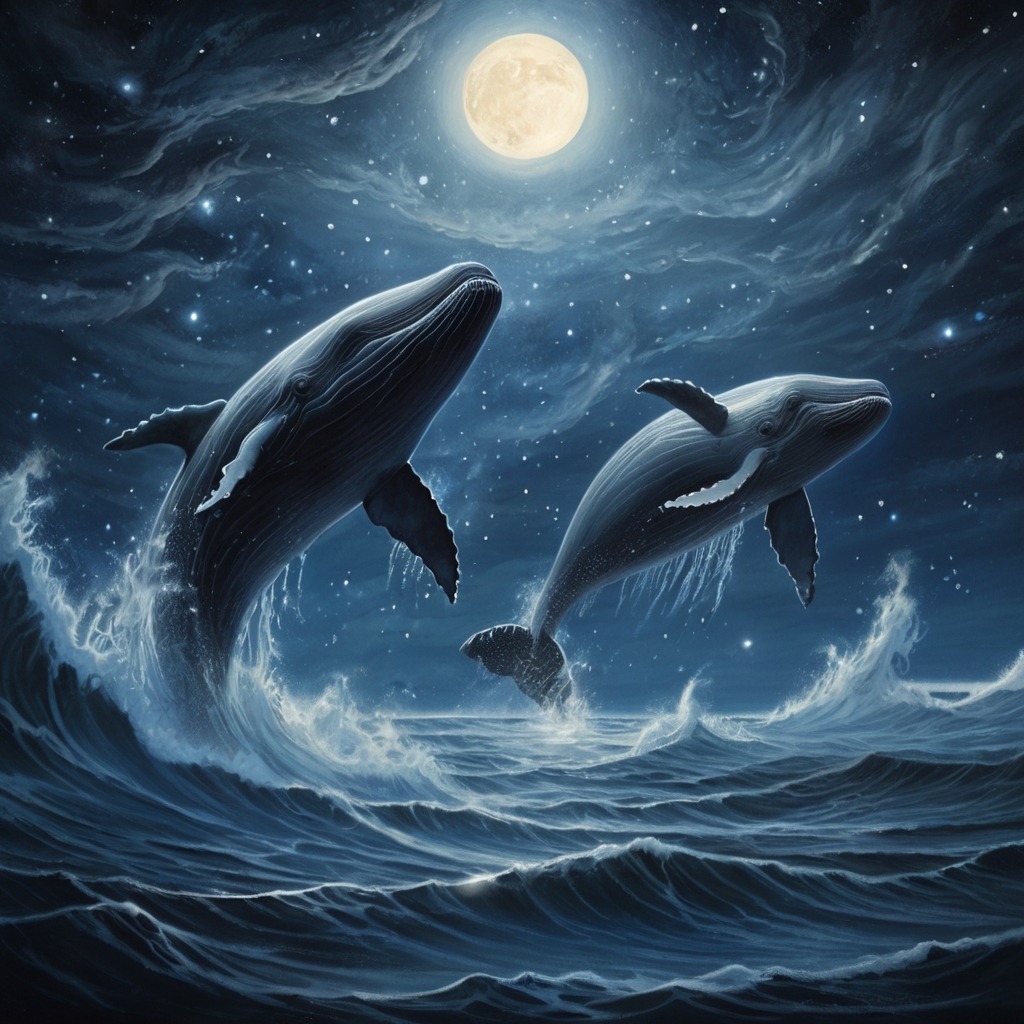 Luna and the Moonlight Whales | Bedtime Stories 2 A glowing silver sea under the night sky, with huge shimmering whales made of light leaping and swimming in the stars.
