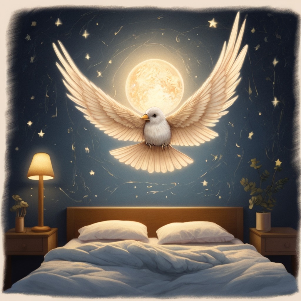 Zara and the Flying Pencil | Imagination Stories 2 A glowing sketch of a bird with starry wings flying off the paper and into a cozy bedroom.