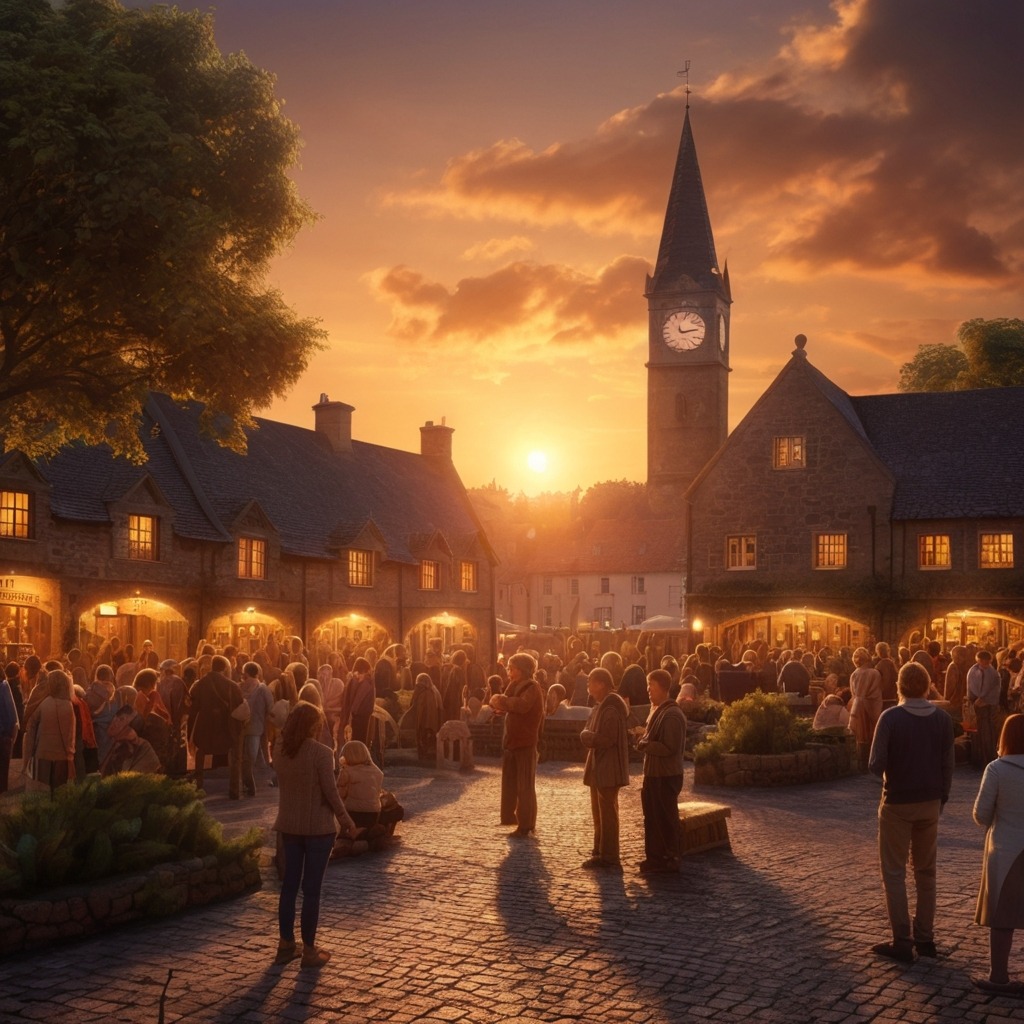 The Clock Tower That Counted Kindness | Village stories 3 A glowing sunset over the village square with everyone gathered, watching the clock strike 6:00 for the first time in decades.