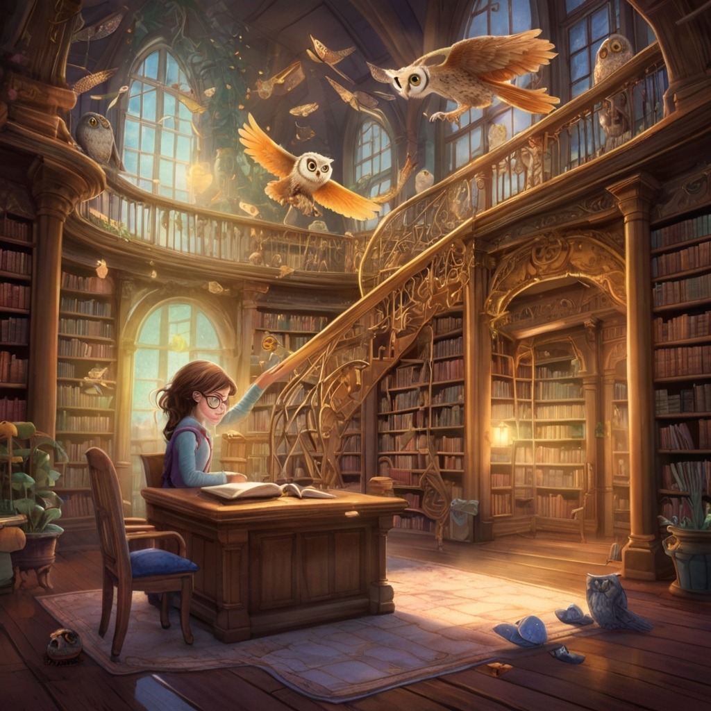 Luna and the Library of Dreams | Imagination Stories 2 A grand, magical library with flying books, enchanted ladders, and an owl in spectacles greeting the girl.