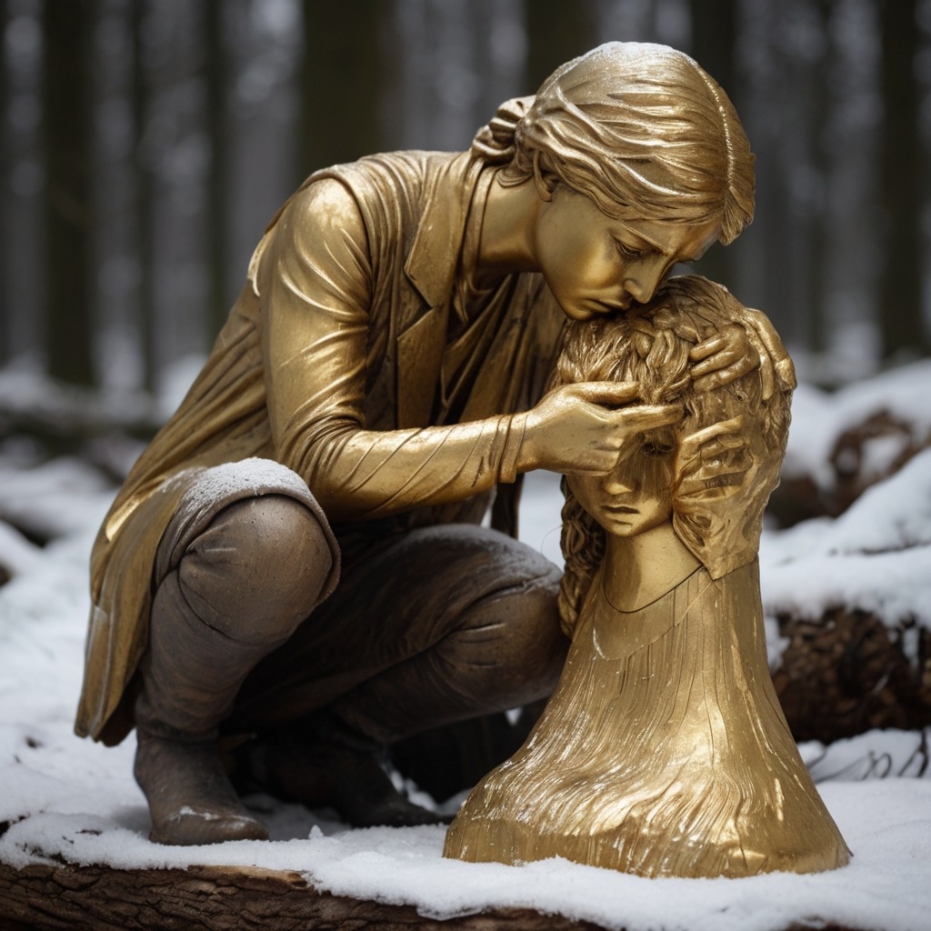 The Talking Tree and the Greedy Woodcutter | Moral Stories 3 A heartbreaking scene of the woodcutter’s daughter frozen as a golden statue while he cries in despair.