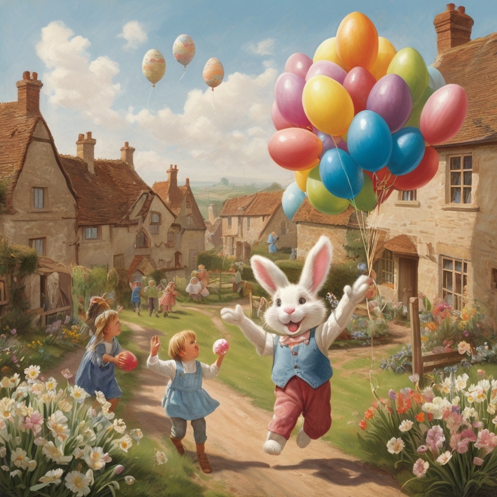 Benny the Bunny and the Great Easter Balloon Chase | Easter Stories 4 A joyful village Easter morning with children finding magical painted eggs in their gardens, as the bunny waves from the balloon above.