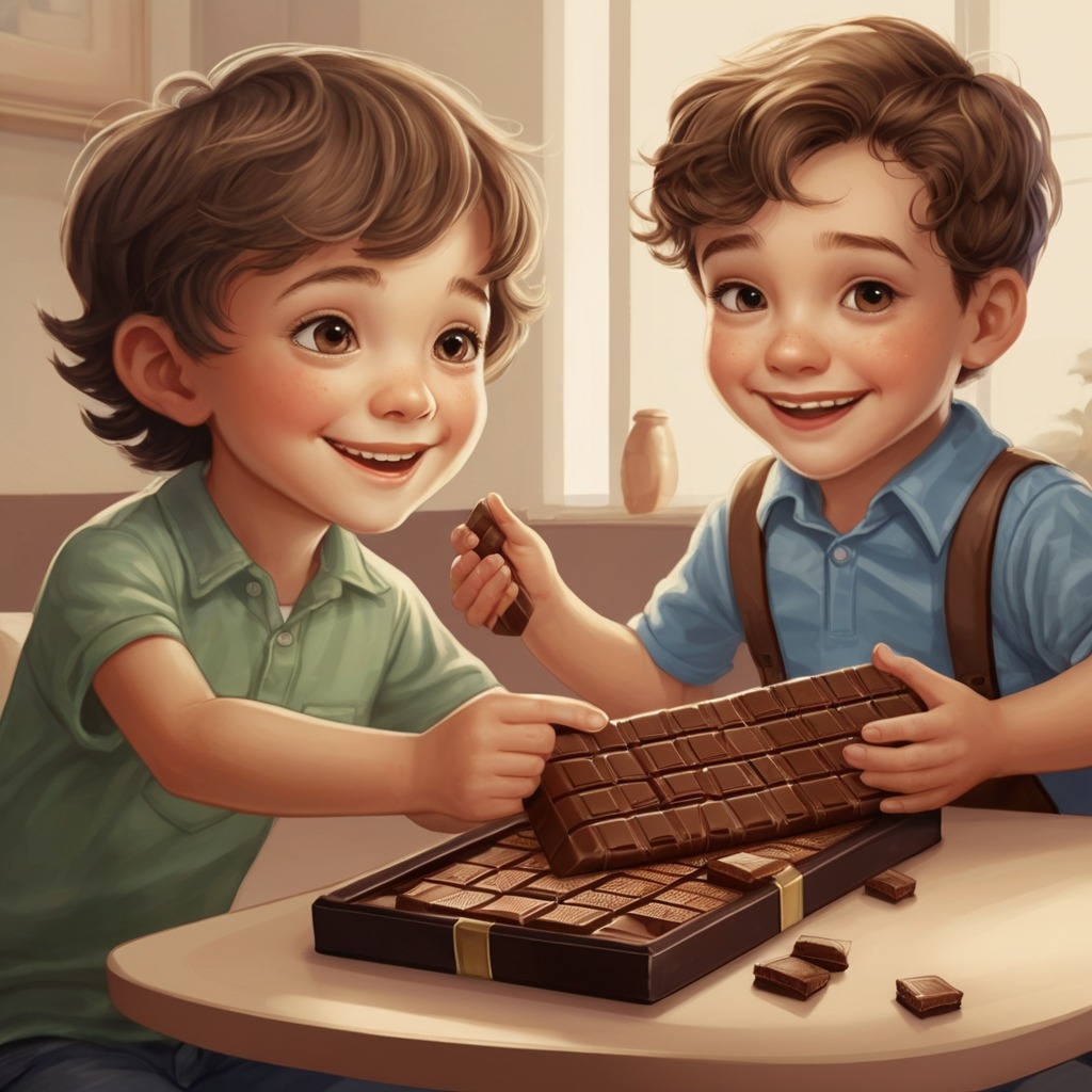 The Boy Who Traded His Words | Moral Stories 3 A little boy handing a chocolate bar to his friends with a kind smile and gentle eyes.