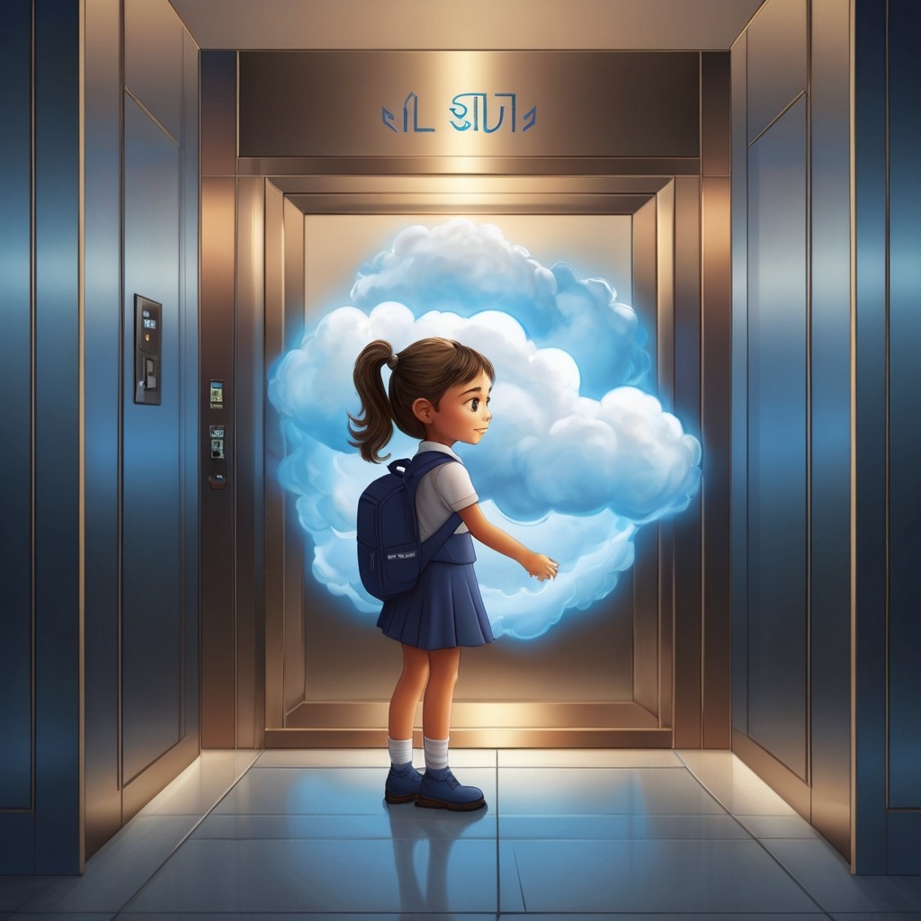 Ellie and the Elevator to the Clouds | Imagination Stories 1 A little girl in a school uniform standing inside a modern apartment building elevator, pressing a mysterious glowing blue button labeled “CLOUDS.”