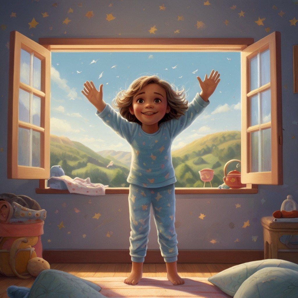 The Moon Who Wanted a Hug | Bedtime Stories 3 A little girl in pajamas holding her arms out at her bedroom window, sending a hug to the sky.