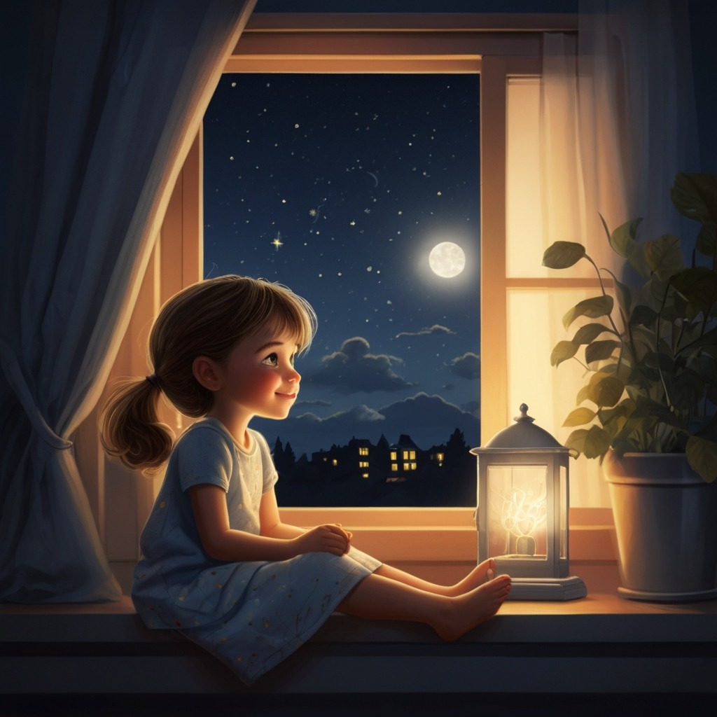 The Moon Who Wanted a Friend | Bedtime Stories 2 A little girl sitting at her bedroom window at night, a glowing moonbeam landing gently on her windowsill.