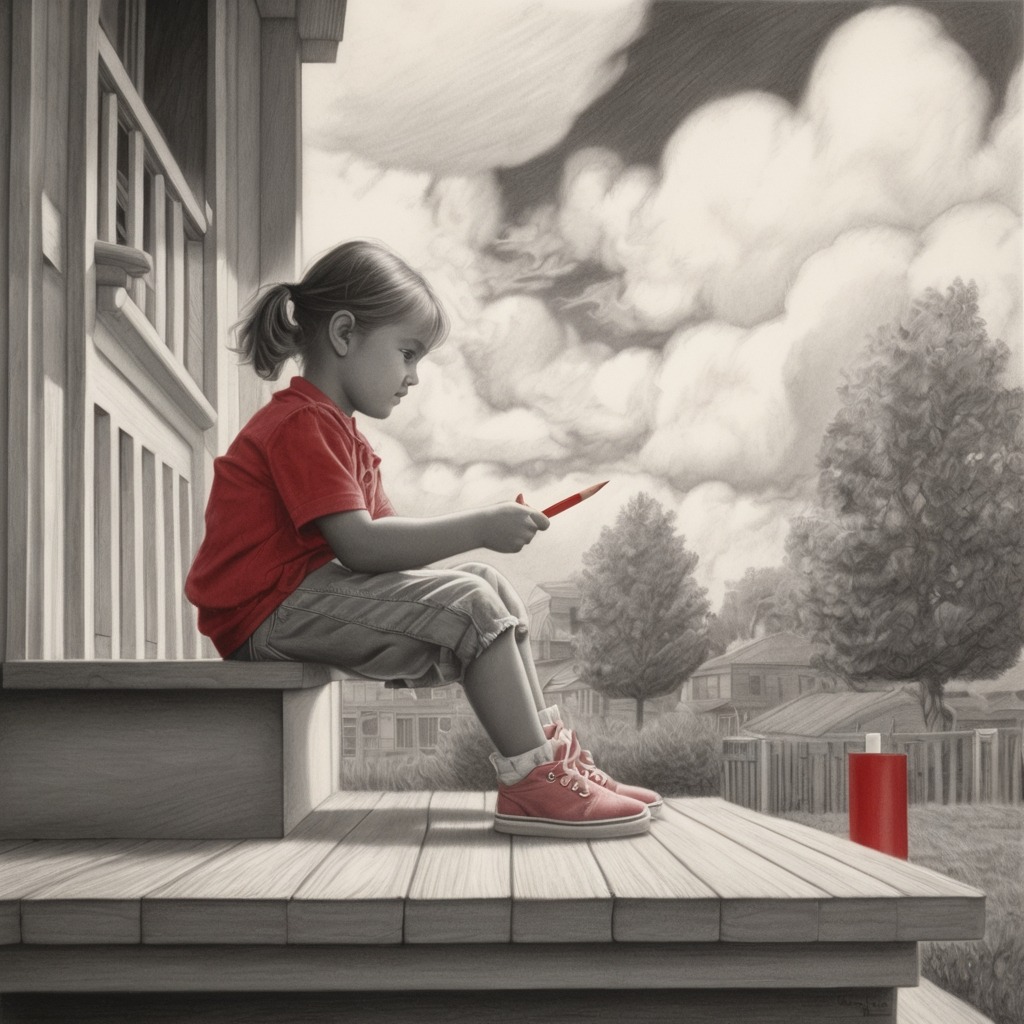 Zara and the Flying Pencil | Imagination Stories 1 A little girl sitting on a porch drawing with a red pencil, with dreamy clouds forming above her.