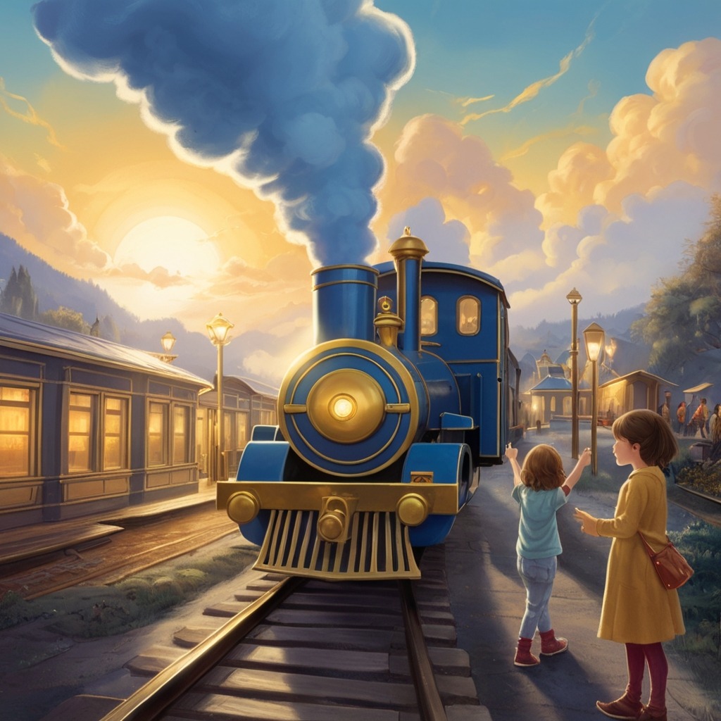 Tara’s Train Ride to the Top of the World | Travel Stories 1 A little girl waving at a shiny blue-and-gold magical train at a quiet countryside station, with fog rolling in.