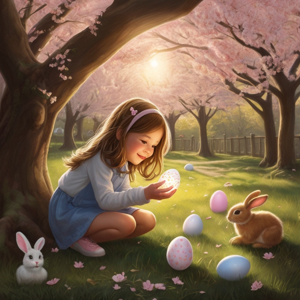 The Easter Egg That Hatched a Surprise | Easter Stories 1 A little girl with bunny ears finding a glowing golden-specked egg under a cherry blossom tree during an Easter egg hunt.