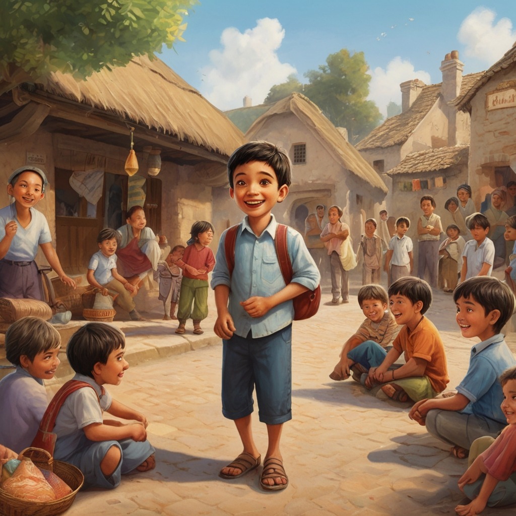 The Boy Who Traded His Words | Moral Stories 1 A lively village square with a cheerful boy chatting non-stop to shopkeepers and villagers.