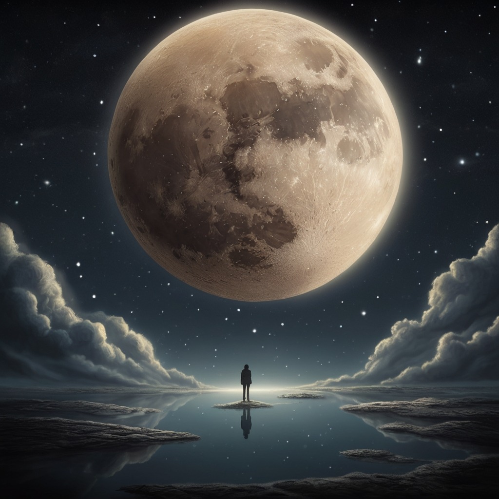 The Moon Who Wanted a Friend | Bedtime Stories 1 A lonely glowing moon floating in a star-filled sky, looking down at the Earth with a soft, sad expression.