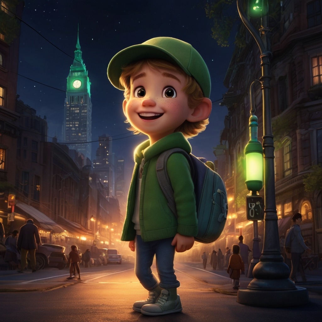 The Talking Traffic Light of Tinsel Town | City Stories 3 A magical nighttime city scene with the traffic light blinking green and softly glowing, as Max smiles proudly.