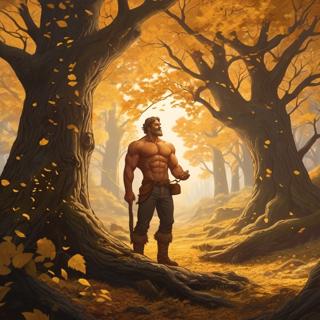 The Talking Tree and the Greedy Woodcutter | Moral Stories 1 A muscular woodcutter in a forest, discovering a glowing oak tree with golden leaves that speaks to him.