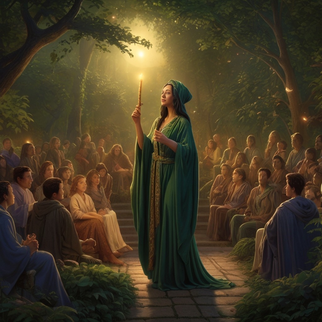The Boy Who Traded His Words | Moral Stories 2 A mysterious woman in leafy robes and a flute-shaped staff talking to a crowd in a magical evening setting.