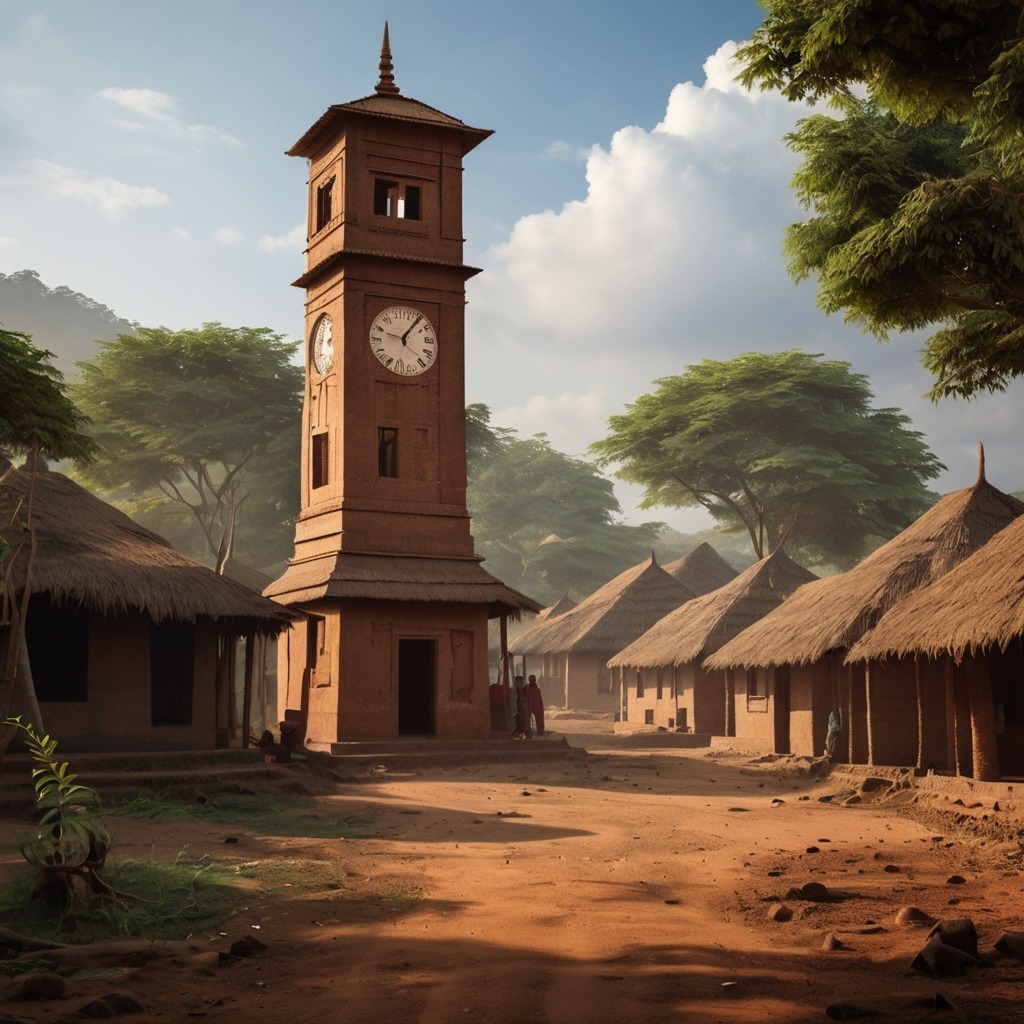 The Clock Tower That Counted Kindness | Village stories 1 A peaceful Indian village with a tall, old clock tower in the center, surrounded by trees and mud houses.