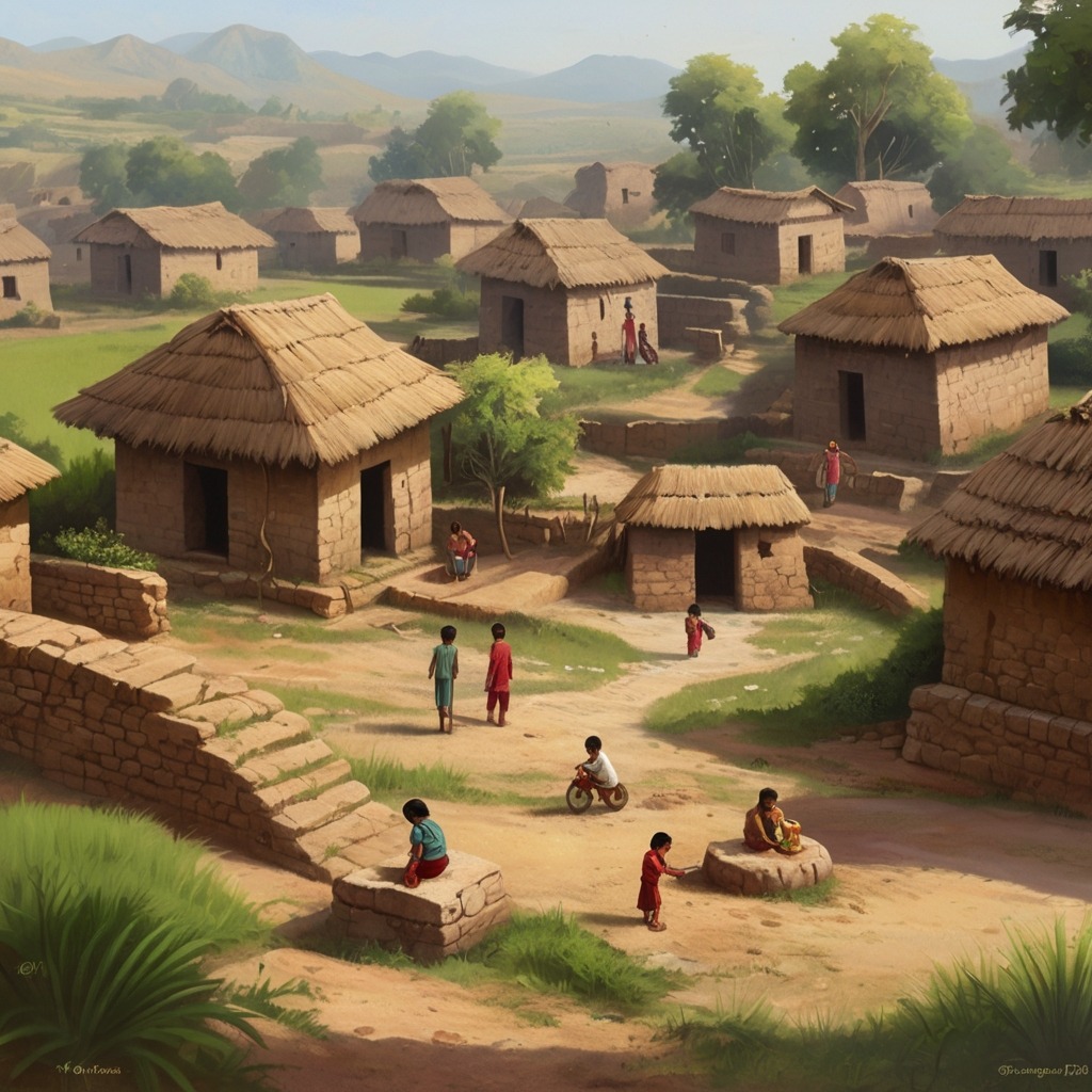 The Secret of the Singing Well | Village Stories 1 A peaceful Indian village with small mud houses, green fields, and children playing near an ancient stone well in the square.