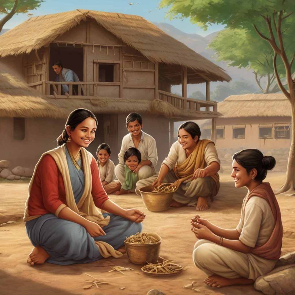 The Boy Who Traded His Words | Moral Stories 4 A peaceful village where everyone is working together happily as Taru watches with a gentle smile.